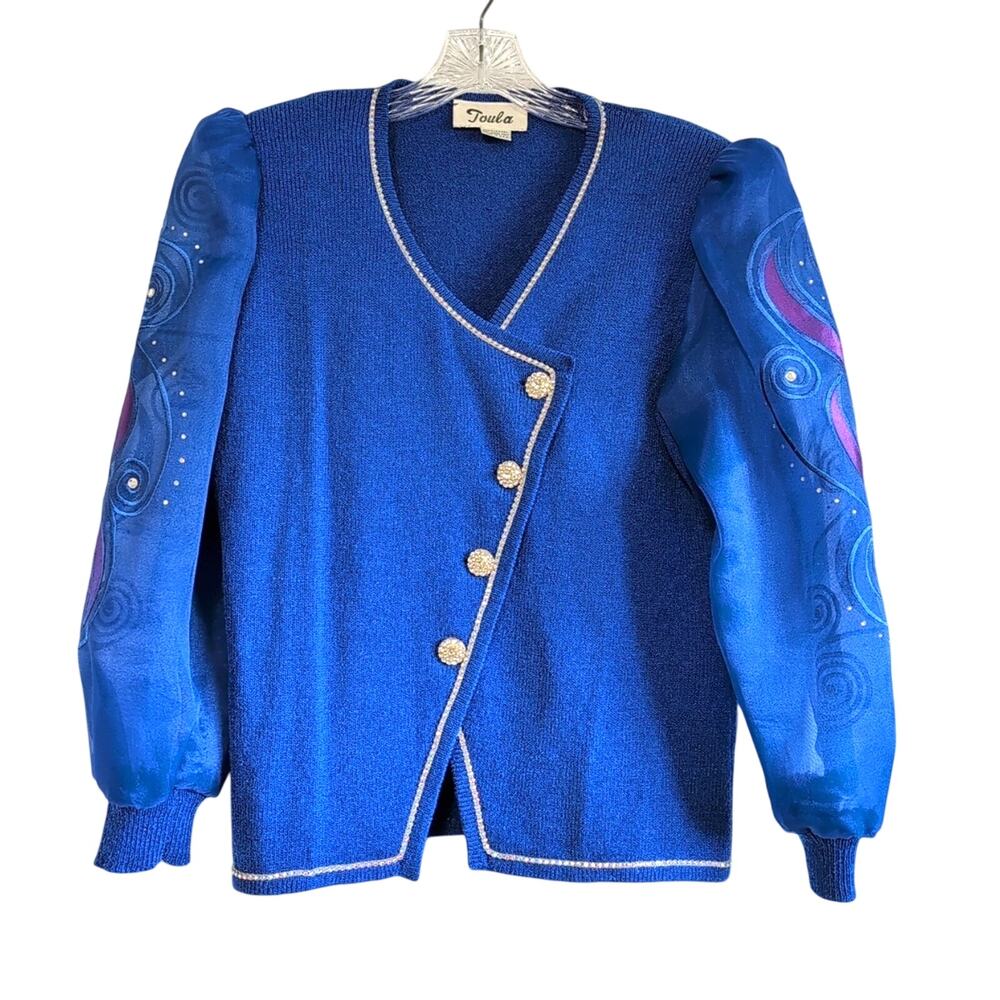 Vintage 80s Toula Royal Blue Knit Blazer Retro Power Suit Statement Avant Garde